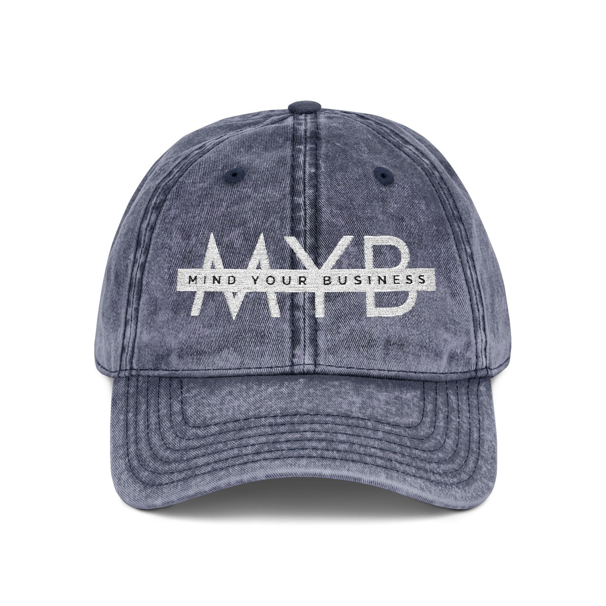 Blue cap with 'MYB' logo and text on a white background